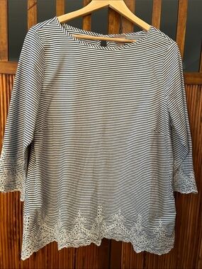 Chico's Denim Blue & White Striped 3/4” Sleeve Top with Lace Trim